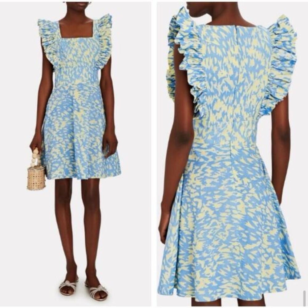 Sika Blue & Yellow Abstract Print Ruffle Sleeve Dress Size 2